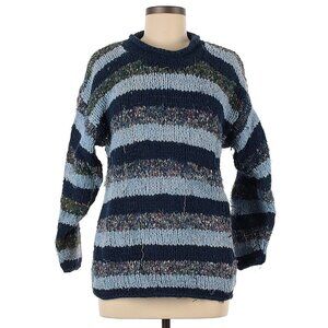Chunky Cotton Blue Gray Stripe Long Sleeve Knit Pullover Crew Mock Neck Sweater